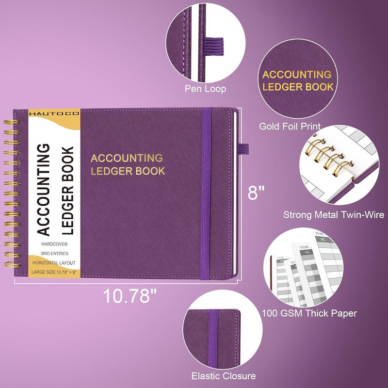 Hautoco Hardcover Accounting Ledger Book for Small Business Bookkeeping Horizontal Money Expense Tracker Notebook with 2 Storage Pouch, Personal Columnar Log Journal 10.78 x 8'', Deep Purple - Image 3